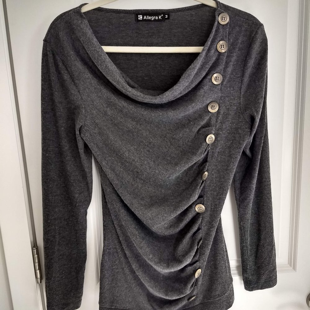 Allegra K Gray Cowl Neck Long Sleeve Button Ruched Top